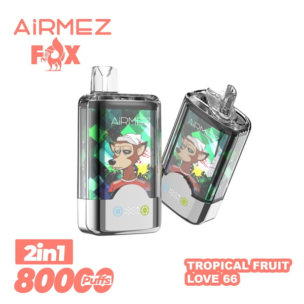 Two AiRMEZ Fox 2-in-1 transparent disposable vape devices with a stylized cartoon fox wearing a beanie printed on colorful geometric panels, shown with pink labels reading “2in1 8000 puffs” and “Tropical Fruit Love 66”