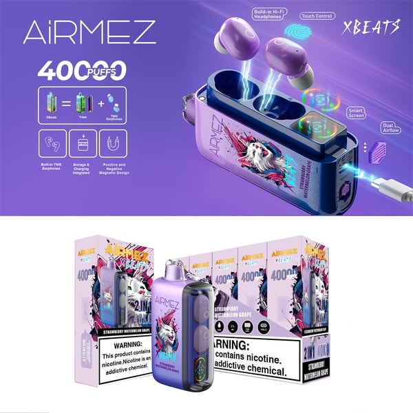 Purple AiRMEZ XBEATs 2-in-1 vape and wireless earbud charging case shown with two floating purple earbuds, stylized white wolf artwork on the device, multiple product boxes, feature icons (400 puffs, touch control, Hi‑Fi headphones, smart screen) and prominent nicotine warning labels.