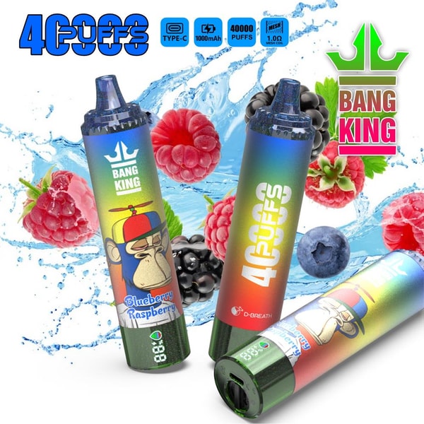Three rainbow-colored disposable vape pens branded Bang King and 4 Puffs shown with splashing water and floating raspberries, blackberries and a blueberry, one device featuring a cartoon ape and the flavor label Blueberry Raspberry.