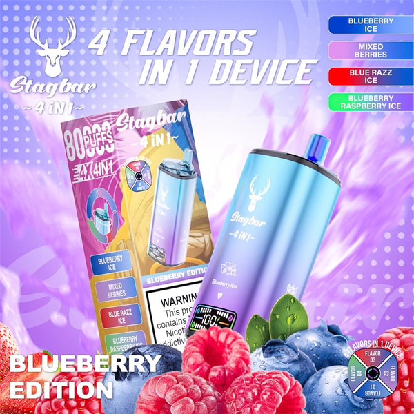 Advertisement showing a metallic blue-to-purple Stagbar '4-in-1' vape device and its box on a purple background with fresh blueberries and raspberries in the foreground, plus text reading '4 flavors in 1 device' and a sidebar listing Blueberry Ice, Mixed Berries, Blue Razz Ice and Blueberry Raspberry Ice with a 'Blueberry Edition' label.