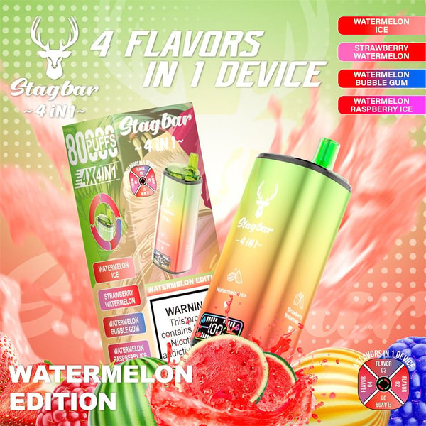 Colorful gradient Stagbar 4-in-1 disposable vape and matching box labeled 'Watermelon Edition' pictured with sliced watermelon and graphic badges showing four flavors (Watermelon Ice, Strawberry Watermelon, Watermelon Bubble Gum, Watermelon Raspberry Ice), an '800 puffs' callout and a visible nicotine warning.