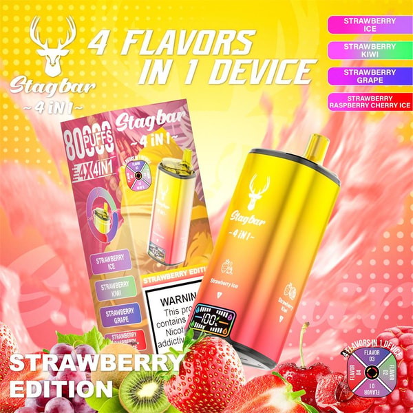 Bright advertisement for a Stagbar disposable vape featuring a yellow-to-pink gradient device and box branded "4 flavors in 1 device" and "8000 puffs," with flavor labels, a nicotine warning, and images of strawberries, kiwi and cherries.