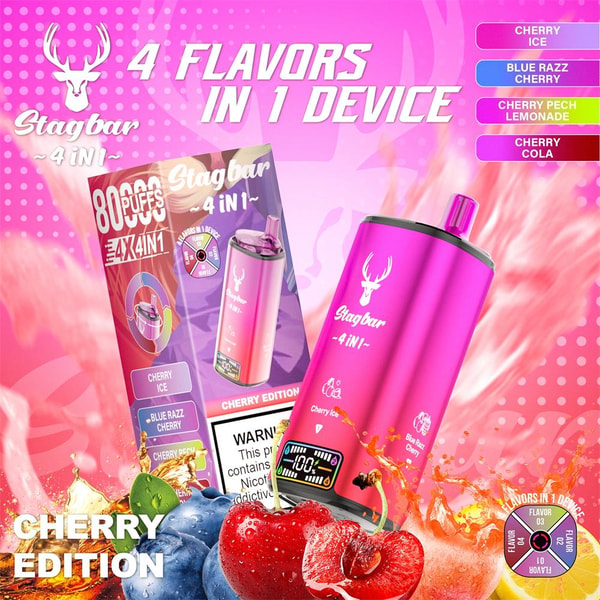 Bright pink metallic Stagbar 4-in-1 disposable vape and its box under the headline '4 flavors in 1 device', shown with splashing cherries, blueberries and lime and a sidebar listing Cherry Ice, Blue Razz Cherry, Cherry Peach Lemonade and Cherry Cola.