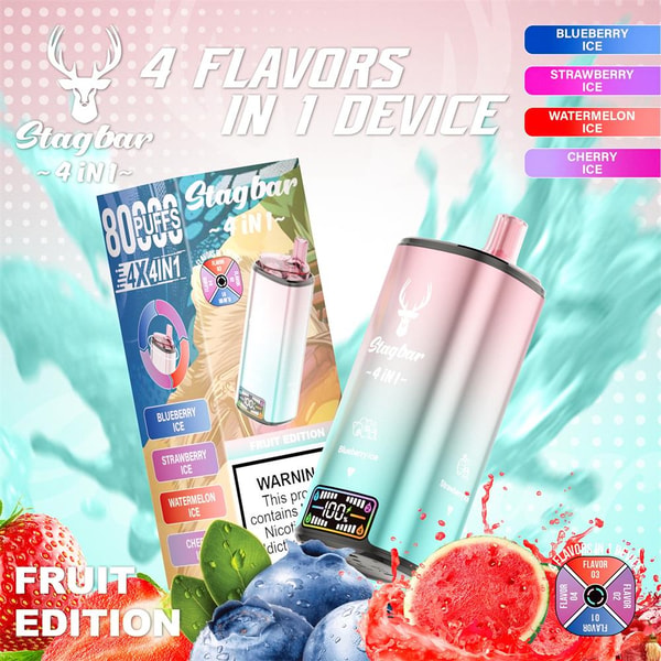 Pastel gradient Stagbar 4-in-1 disposable vape and its retail box shown with blueberries, a sliced watermelon and a strawberry, labeled 'Fruit Edition' and '4 flavors in 1 device' with flavor tags for Blueberry Ice, Strawberry Ice, Watermelon Ice and Cherry Ice and a small digital display on the device.
