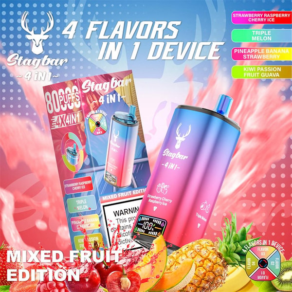 Colorful pink-to-blue gradient Stagbar '4 in 1' disposable vape and its box prominently displayed against a vibrant pink and blue background, surrounded by pineapple, cherries and melon slices and overlaid with copy reading '4 flavors in 1 device' and 'Mixed Fruit Edition' plus small flavor labels and a deer logo.