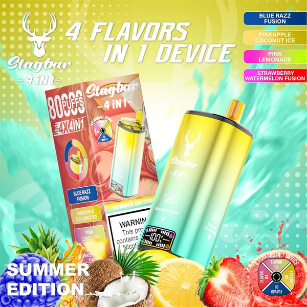 Colorful advertisement showing a gradient yellow-teal disposable vape device and matching box labeled Stagbar 4 in 1 and Summer Edition, with fruits (pineapple, coconut, lemon, strawberry), flavor labels and '800 puffs' text.