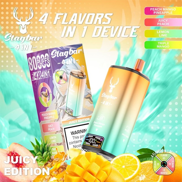 Colorful gradient Stagbar disposable vape device and matching packaging reading “4 flavors in 1 device” and “Juicy Edition,” shown with sliced mango, pineapple, peach and citrus and a small digital display on the device.