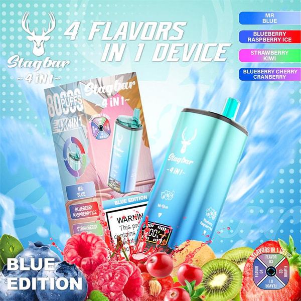 Turquoise Stagbar 4-in-1 disposable vape and its packaging labeled Blue Edition with headline “4 flavors in 1 device,” displayed against a splashy light-blue background and surrounded by raspberries, cherries, kiwi and blueberries plus a circular flavor-selector graphic.