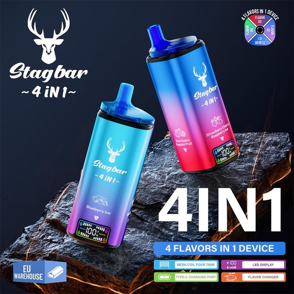Two iridescent blue-to-pink gradient Stagbar 4-in-1 vape devices with deer logo and mouthpieces sit on a dark rocky surface beside large '4IN1' and '4 flavors in 1 device' text, a small flavor wheel and feature icons visible.