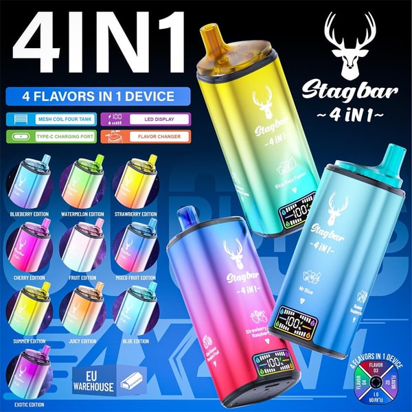 Promotional graphic for the Stagbar 4-in-1 vape device showing three colorful gradient pod-style devices with LED displays and a stag logo, surrounded by icons and small thumbnails listing multiple flavor editions (blueberry, watermelon, strawberry, etc.) and features like “4 flavors in 1 device,” LED display, Type‑C charging port, and flavor changer.