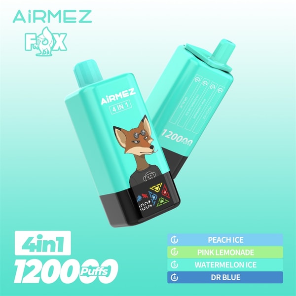 Two teal AiRMEZ Fox 4-in-1 disposable vape devices on a light teal gradient background, featuring a fox cartoon, '1200 puffs' marking and a flavor list reading Peach Ice, Pink Lemonade, Watermelon Ice and Dr Blue.