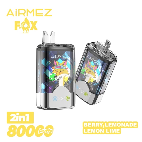 Two transparent rectangular AiRMEZ Fox vape devices with colorful crowned fox artwork on their fronts, shown alongside yellow branding and text reading 2in1 800 puffs and flavor labels Berry Lemonade Lemon Lime.