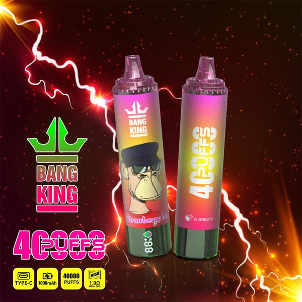 Two gradient-colored disposable vape devices with Bang King branding—one showing a cartoon ape labeled 'Strawberry Ice' and the other reading '4 PUFFS'—stand against a red, electrified background with the Bang King logo and small icons indicating Type‑C charging, 1000mAh and 40,000 puffs.