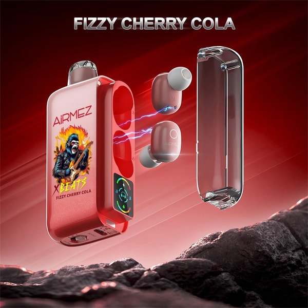 Red wireless earbuds with an open red charging case branded 'AIRMEZ X BEATS Fizzy Cherry Cola' featuring a flaming gorilla graphic, the earbuds floating with blue electrical arcs toward a transparent lid against a glossy red background and rocky foreground.