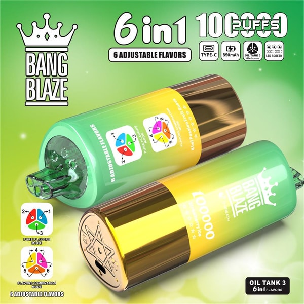 Two metallic green-to-yellow gradient cylindrical disposable vapes with transparent mouthpieces and gold end caps, branded "Bang Blaze" with a crown logo and marketing text reading "6 in 1" and "100000 puffs," shown on a glossy green promotional background with small icons indicating Type-C charging, 850mAh battery, oil tank 3, LED screen, and six adjustable flavor modes.