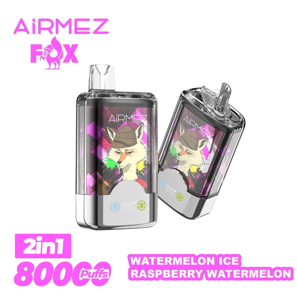 Two AiRMEZ Fox disposable vape devices with stylized fox artwork and clear mouthpieces, labeled 2in1 8000 puffs and flavors Watermelon Ice and Raspberry Watermelon on a white background