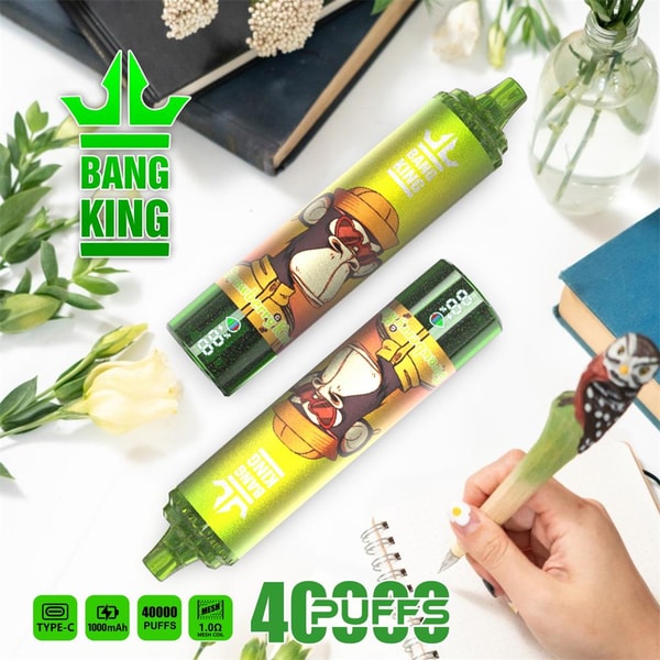 Two green-gradient Bang King disposable vape pens with a cartoon monkey graphic placed on a white desk, surrounded by books, flowers, a small plant and a hand writing in a notebook, with visible branding and text advertising 40,000 puffs and Type-C charging.