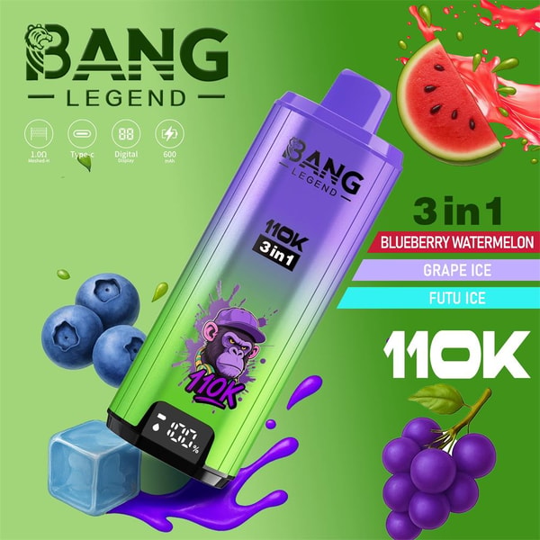 A purple-to-green Bang Legend 110K disposable vape device with a monkey logo and digital battery display floats against a green background surrounded by blueberries, a watermelon slice, grapes and an ice cube, with colorful '3in1' ribbons listing Blueberry Watermelon, Grape Ice and Futu Ice and the brand name and '110K' prominently shown.