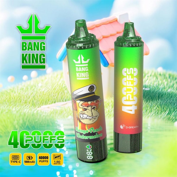 Two green-gradient Bang King disposable vape devices—one showing a grinning captain monkey labeled “Mango Peach Watermelon,” the other marked “4 PUFFS”—standing on a grassy field with a small toy house in the blurred background, a crown logo at top left and small icons indicating Type‑C, 1000mAh and 40000 puffs.