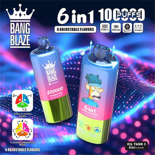 Two colorful Bang Blaze disposable vape devices with blue-to-pink gradient bodies and metallic green bases set against a neon, wavy digital background, featuring large “6 in 1” branding, a cartoon monkey flavor graphic, flavor diagrams and icons for Type‑C, 850mAh and oil tank specs.