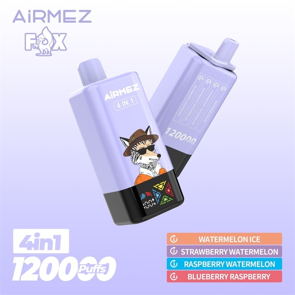 Two lavender AiRMEZ Fox 4-in-1 disposable vape devices floating on a pale purple gradient background; the front device features a stylized fox wearing a hat and sunglasses, AiRMEZ 4 IN 1 branding with '120000 puffs' and a black base with colorful icons, and a label at the bottom right lists four flavors: Watermelon Ice, Strawberry Watermelon, Raspberry Watermelon, and Blueberry Raspberry.