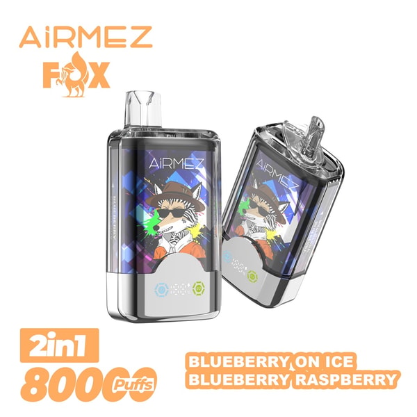 Two transparent AiRMEZ Fox 2-in-1 disposable vape devices with visible mouthpieces and colorful cartoon fox artwork, accompanied by branding text and a label indicating 800 puffs and flavors Blueberry on Ice and Blueberry Raspberry.