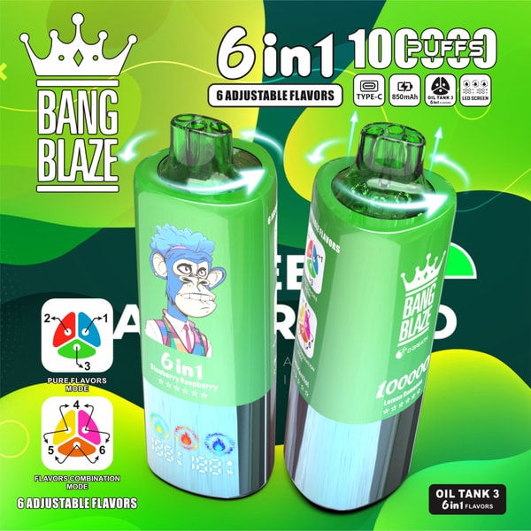 Two glossy green Bang Blaze 6‑in‑1 disposable vape devices with translucent rotating mouthpieces, one decorated with a blue‑haired cartoon monkey and the other with the white crown logo, shown on a green promotional background featuring '6 in 1', flavor‑wheel graphics and icons for Type‑C charging, battery capacity, oil tank and LED screen.