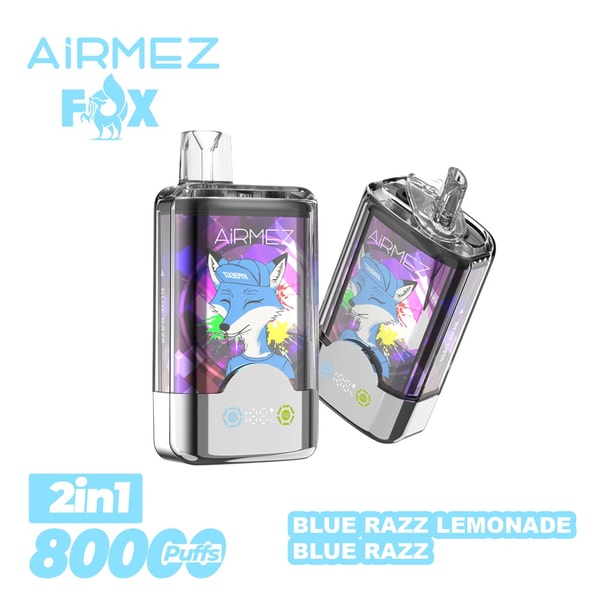 Two Airmez Fox disposable vape devices with clear housings and metallic bases displaying a colorful blue fox graphic, shown alongside a light-blue Airmez Fox logo and text reading 2-in-1, 800 puffs and the flavors Blue Razz Lemonade and Blue Razz.