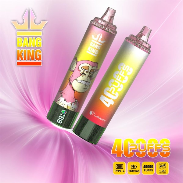 Two colorful Bang King disposable vape devices with gradient pink-yellow bodies—one showing a stylized angry pink monkey graphic and the other labeled "40 PUFFS"—floating on a swirled pink background with the Bang King logo and small icons indicating Type-C, 1000mAh, 40000 puffs, and 1.0Ω mesh coil.