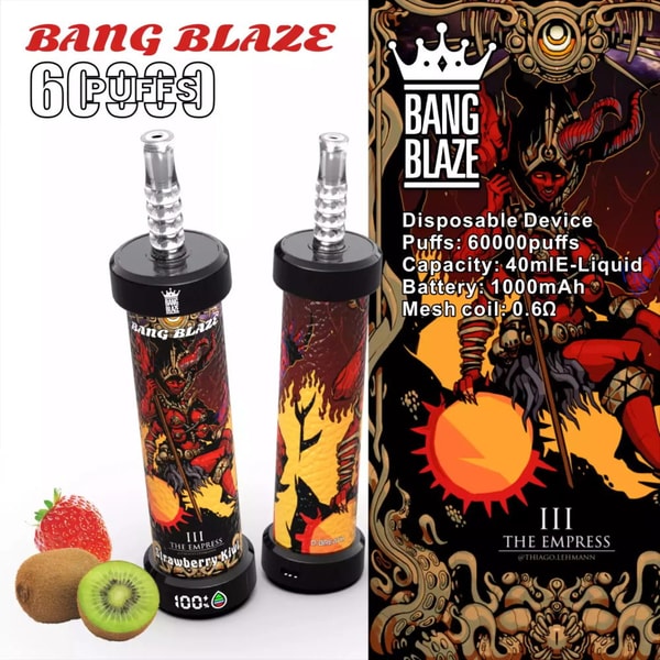 Two cylindrical Bang Blaze disposable vape devices with ornate red-and-gold 'The Empress' artwork, shown next to a strawberry and sliced kiwi, with adjacent product text listing specs such as 60000 puffs, 40 mL e-liquid, 1000 mAh battery and 0.6Ω mesh coil.