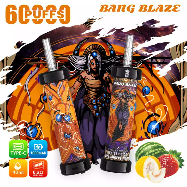 Two orange-and-blue patterned disposable vape devices labeled Bang Blaze and Wheel of Fortune Watermelon Strawberry Melon set against a dramatic fantasy illustration of a winged armored figure, with tech icons (Type‑C, 1000mAh, 40ml, 0.6Ω mesh coil) and watermelon, melon and strawberry fruit graphics.