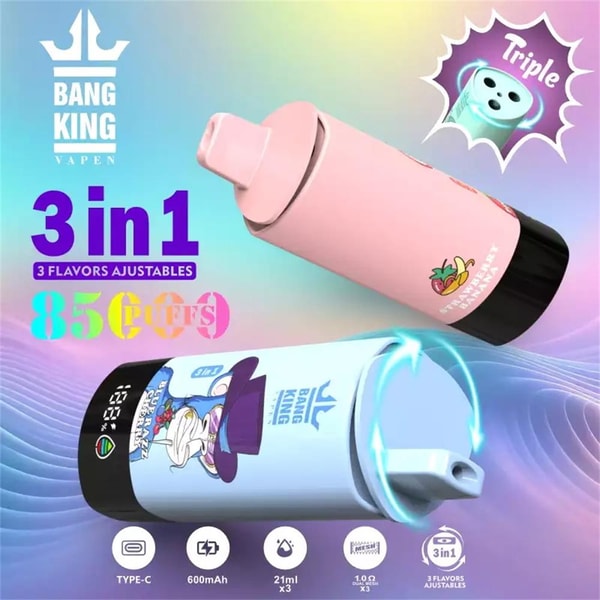 Two colorful Bang King Vapen 3-in-1 disposable vape devices—one pink and one light blue with black bases—floating against a pastel gradient background with text and icons indicating 3 in 1, 85 puffs, Type-C charging, 600mAh battery, 21ml x3 capacity and adjustable flavors.