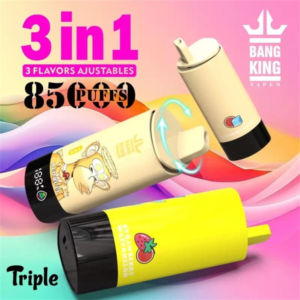 Three popsicle-shaped disposable vape devices in pastel yellow and beige on a colorful gradient background, promoted as '3 in 1' and '85 puffs' with a 'Bang King Vapen' logo, flavor icons (strawberry, watermelon) and arrows indicating adjustable flavors.