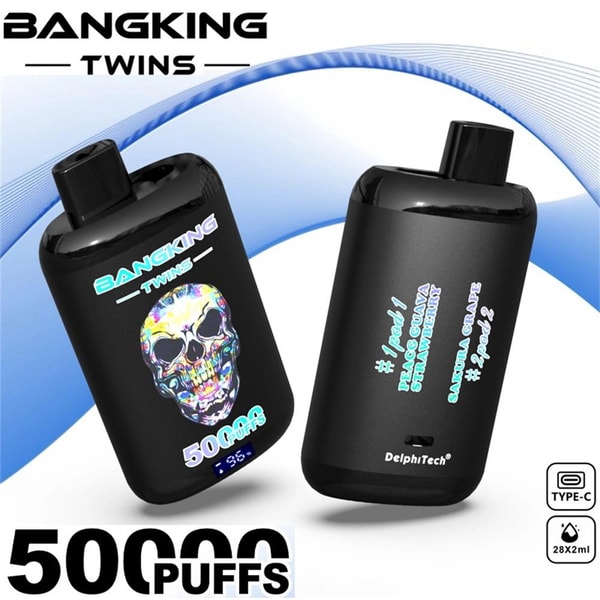 Two black Bangking Twins disposable vape devices displayed against a blue wave background, one showing a multicolored skull graphic and a prominent "50,000 puffs" marking and the other listing flavor names and a DelphiTech logo.