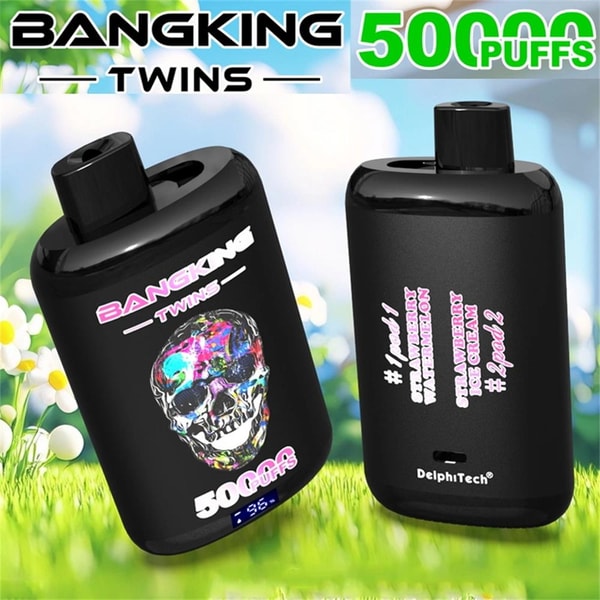 Two black Bangking Twins disposable vape devices labeled 500 puffs, one showing a colorful skull graphic and brand name and the other listing flavors with a DelphiTech logo, pictured on grass with blurred flowers and a bright sky background.
