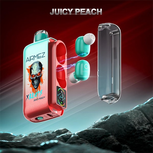 Red metallic AirMEZ charging pod labeled Juicy Peach with a skull graphic, two teal wireless earbuds sparking with blue energy toward a clear detachable cover, set against a red gradient background above a rocky foreground with the words JUICY PEACH at the top.
