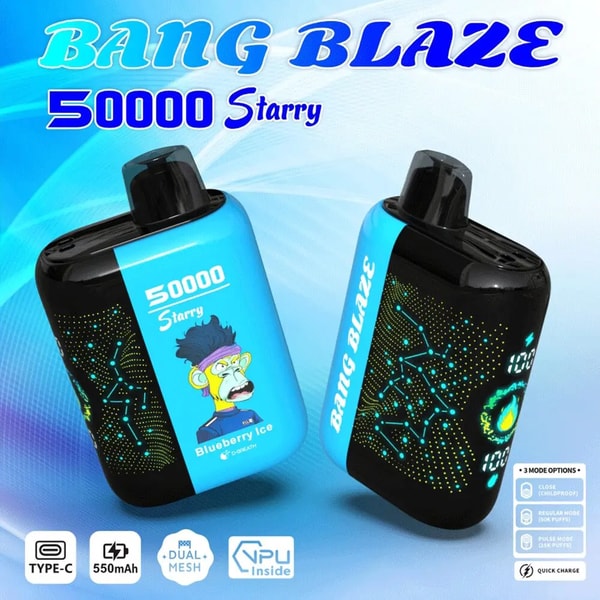 Two blue-and-black Bang Blaze 50000 "Starry" vape devices on a swirled blue background — one face shows a cartoon yellow monkey labeled "Blueberry Ice," the other displays a glowing constellation dot pattern and digital readouts, with small feature icons (Type-C, 550mAh, dual mesh) along the bottom.