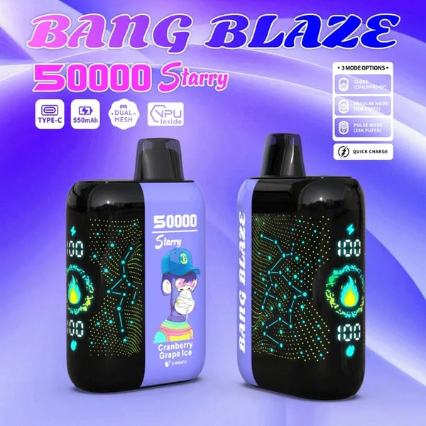 Two purple-and-black Bang Blaze 50000 Starry vape devices on a violet gradient background, featuring dotted constellation-style LED patterns and numeric displays, one panel showing a cartoon ape label reading “Cranberry Grape Ice,” with product name and small feature icons (Type‑C, 550mAh, dual mesh, VPU) at the top.