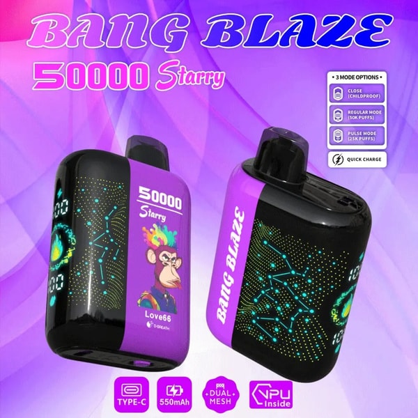 Two purple-and-black Bang Blaze 50000 Starry vape devices with constellation-style LED dot patterns and a colorful monkey graphic, product name and mode icons on a purple gradient background.