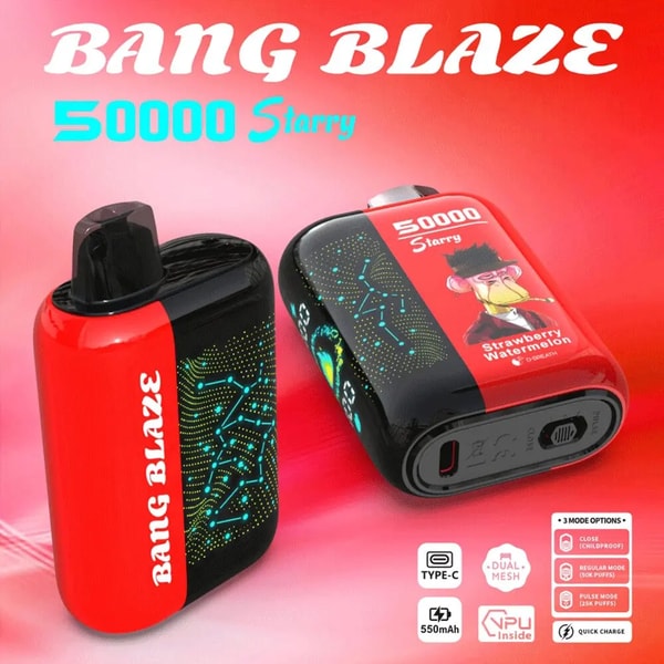 Two compact red-and-black Bang Blaze 50000 Starry vape devices on a red gradient background, one standing and one on its side showing a label with a cartoon monkey and “Strawberry Watermelon” flavor, turquoise constellation-style dot pattern on the black panels, and small icons for Type‑C, 550mAh battery, VPU inside and mode/charging features.