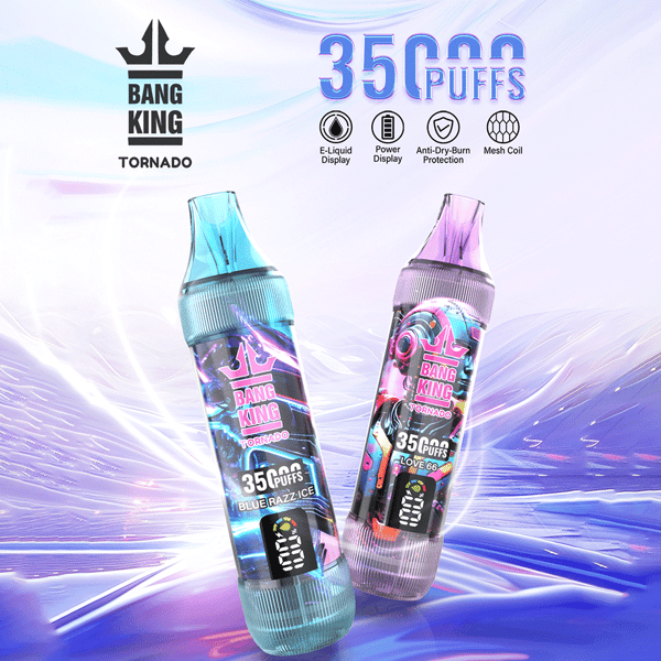 Two colorful Bang King Tornado disposable vape devices with translucent blue and purple caps against a swirling purple-blue background, prominent '35,000 puffs' branding and small icons for e-liquid display, power display, anti-dry-burn protection, and mesh coil.