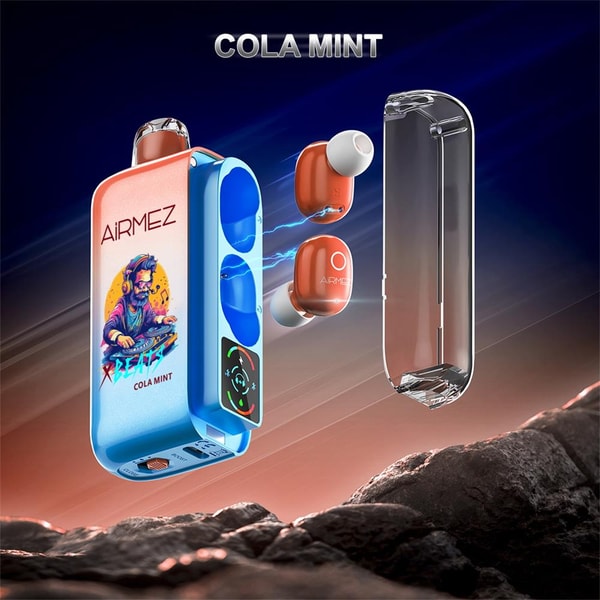 Floating metallic blue-and-orange Airmez wireless earbud charging case with two orange earbuds and a clear lid, featuring a colorful DJ graphic and Cola Mint branding, blue energy arcs between case and earbuds against a dramatic rocky foreground and dark gradient background with COLA MINT text at the top.