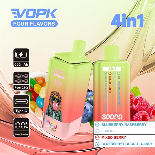 Two green-to-pink VOPK Four Flavors 4-in-1 disposable vape devices—800 puffs—shown with icons for 650mAh, four 0.9Ω coils, Type‑C charging and a digital display, surrounded by blueberries, raspberries and candy to represent flavors Blueberry Raspberry, Fuji Ice, Mixed Berry and Blueberry Coconut Candy.