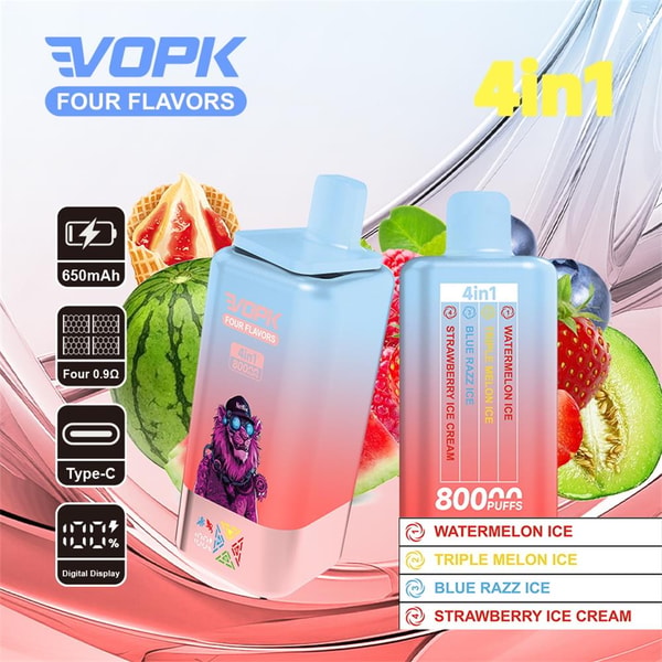 Colorful product ad showing two gradient blue-to-pink VOPK 4‑in‑1 disposable vape devices with icons for 650mAh battery, Type‑C charging, digital display and 800 puffs, surrounded by watermelon, strawberry and other fruits and a flavor list reading Watermelon Ice, Triple Melon Ice, Blue Razz Ice and Strawberry Ice Cream.