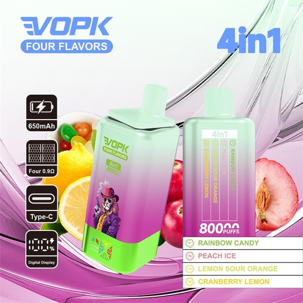 Two pastel green-to-pink gradient VOPK 4-in-1 disposable vape devices fronted by sliced fruit, labeled 800 puffs and listing four flavors (Rainbow Candy, Peach Ice, Lemon Sour Orange, Cranberry Lemon) with icons showing 650mAh battery, Type-C charging, 0.9Ω coils and a digital display.