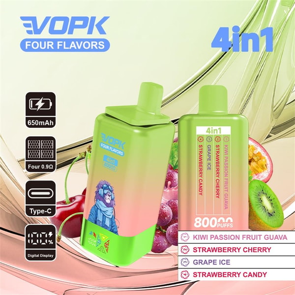 Two green-to-pink VOPK 4-in-1 disposable vape devices labeled "Four Flavors" and "800 puffs" shown with kiwi, passionfruit, cherries and grapes and icons indicating 650 mAh battery, Type-C charging, four 0.9Ω coils and a digital display, plus a flavor list: Kiwi Passion Fruit Guava, Strawberry Cherry, Grape Ice and Strawberry Candy.