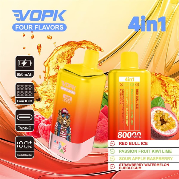 Bright yellow-to-orange gradient VOPK 4-in-1 disposable vape devices with mouthpieces shown against a splashing fruit background, labeled 800 puffs and listing four flavors: Red Bull Ice, Passion Fruit Kiwi Lime, Sour Apple Raspberry, and Strawberry Watermelon Bubblegum.