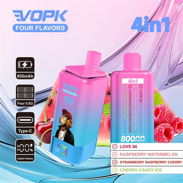 Colorful pink-to-blue gradient ad showing two VOPK 4-in-1 disposable vape devices—one with a cartoon dog graphic—placed over watermelon, raspberries and cherries, with icons for 650mAh battery, Type-C charging, digital display and 800 puffs, and a flavor list: Love 66, Raspberry Watermelon, Strawberry Raspberry Cherry and Cherry Candy Ice.
