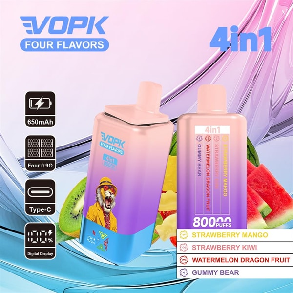Promotional image of two pastel gradient VOPK 4‑in‑1 disposable vape devices with a tiger graphic, flavor labels (Strawberry Mango, Strawberry Kiwi, Watermelon Dragon Fruit, Gummy Bear), and icons for 650mAh battery, Type‑C charging and a digital display, set against a pink and blue background with fruit accents.