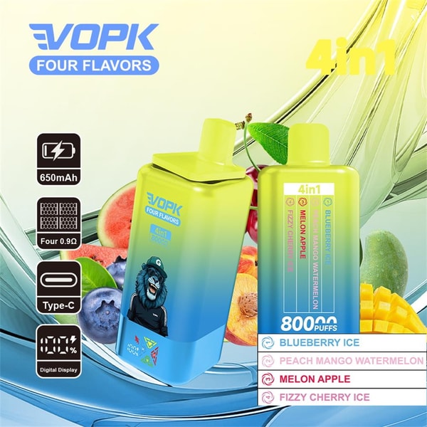 Yellow-to-blue gradient VOPK 4-in-1 disposable vape device with a cartoon gorilla, showing 650mAh battery, Type-C charging port, digital display, 800 puffs and four flavors: Blueberry Ice, Peach Mango Watermelon, Melon Apple, Fizzy Cherry Ice.